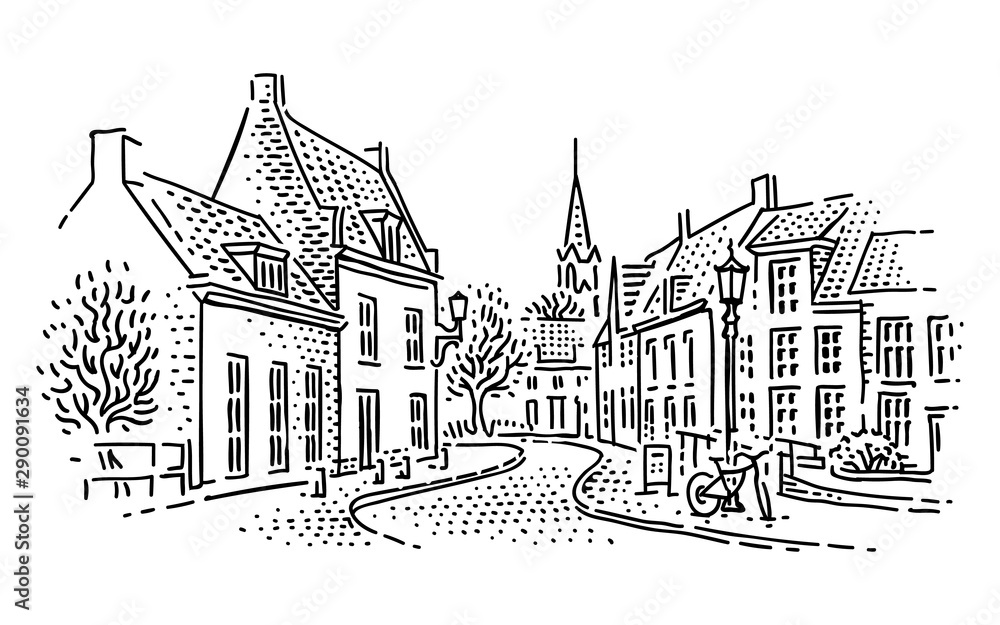 European town street line illustration.  Vector. 
