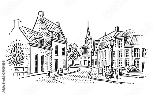 European town street line illustration.  Vector. 