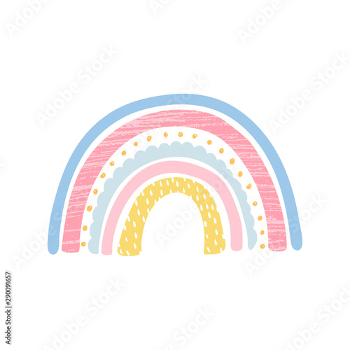Rainbow in cartoon style isolated on white background for kids. Cute illustration in hand drawn style for posters, prints, cards, fabric, children's books, interior design. Vector