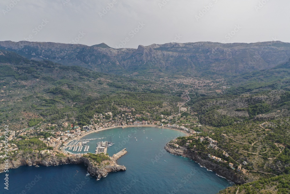 port soller mallorca island mountain sea ocean colours green famous places sunset panoramic view landscape wallpaper  aerial, photography yatch, luxury port mediterranean mountain drone 