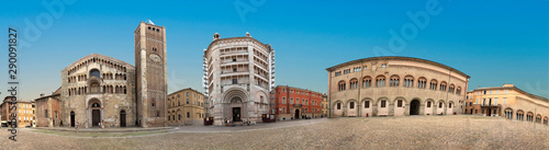 Parma, Italy - Piazza del Duomo with the Cathedral and Baptistery, built in 1059. Romanesque architecture in Emilia-Romagna. photo