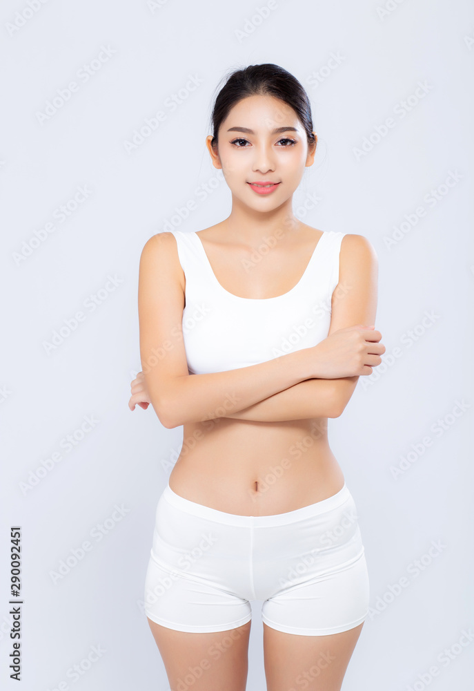 Portrait young asian woman smiling beautiful body diet with fit isolated on white background, model girl weight slim with cellulite or calories, health and wellness concept. Portrait young asian woman smiling beautiful body diet with fit isolated on white background, model girl weight slim with cellulite or calories, health and wellness concept.
