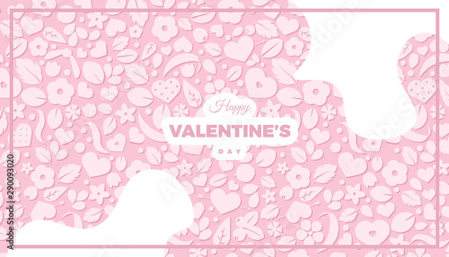 Happy Valentines Day banner template. Love concept background with soft pink hearts and flowers. Creative vector design for party invitation, greeting gift card, web page element