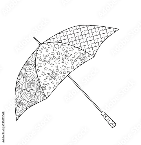 Umbrella in Zentangle inspired doodle style isolated on white. Coloring book page for adult