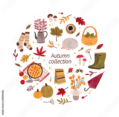 Autumn hand drawn vector illustrations collection. Fall season cozy attributes cliparts bundle. Autumn accessories, dried leaves and harvest colorful set. Decorative design elements isolated on white.