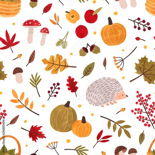 Autumn hand drawn vector seamless pattern. Fall season items background. Forest dried leaves, pumpkins, berries decorative texture. Autumn harvest on white backdrop. Traditional fall wallpaper design.
