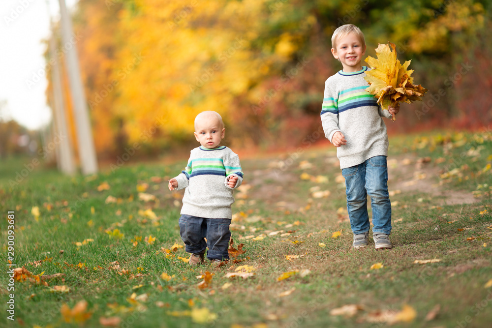 Happy little boys with autumn leaves in the park Happy little boys with autumn leaves in the park