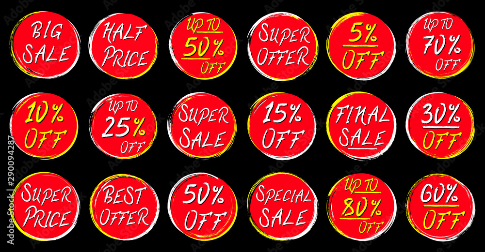 Obraz premium Sale tags set. Grunge frames. Discount stickers. Special offer. Coupon. Prisetag. Ink stain. Paint circles. Black Friday. Grunge textures.
