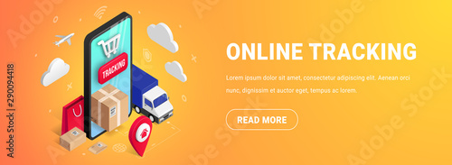 Tracking isometric concept phone banner orange