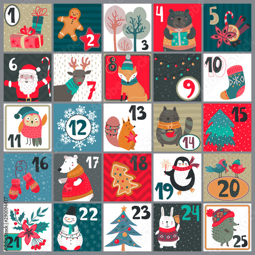 Vector Christmas Advent calendar with cute animals and traditional simbols. Holiday Poster.