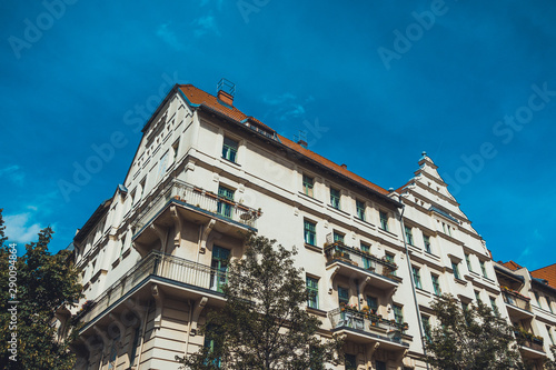 typical apartment building in the heart of friedrichshain, berlin from the low side view