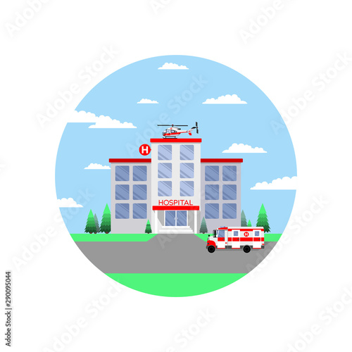 hospital building medical clinic with Ambulance and helicopter emergency resuscitation against the blue sky. Colorful design  vector illustration