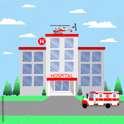 hospital building medical clinic with Ambulance and helicopter emergency resuscitation against the blue sky. Colorful design, vector illustration