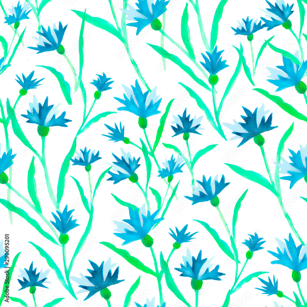 Beautiful watercolor illustration with watercolour blue cornflower on white background. seamless pattern. Watercolour illustration. Watercolor botanical illustration.