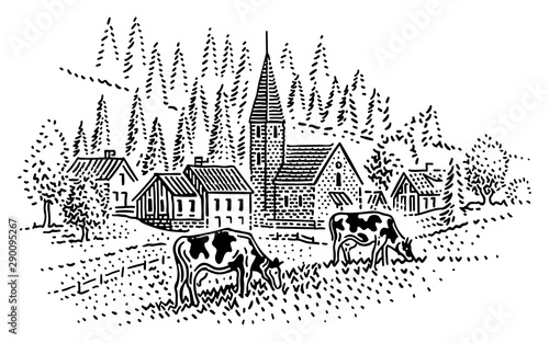 Cow grazing in front of village in mountains. Vector. 
