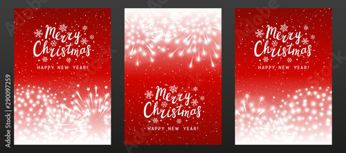 Set of shiny fireworks on red starry background - vertical greeting cards for Christmas and New Year holiday design