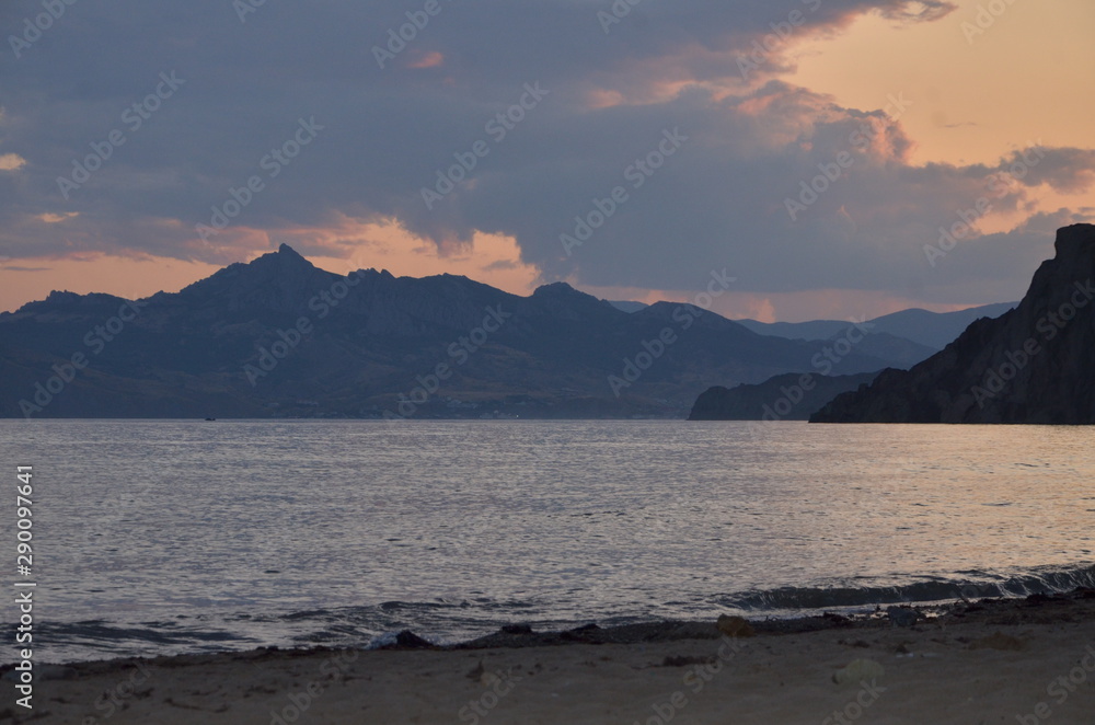 Sunset in Quiet bay on Black sea, next to Koktebel. Crimea 