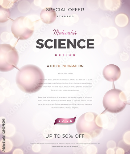 Science abstract vector vertical design with DNA molecular structure. Soft pink color 3d molecules luxury illustration, scientific flyer for medicine, biology, cosmetics template