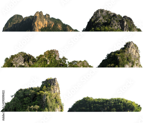 kolekcja rock górskie wzgórze z zielonego lasu izolować na białym tle
