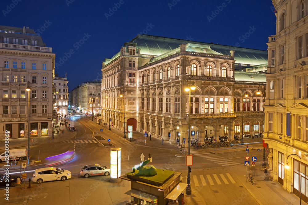 Vienna State Opera at night seen from Albertina square.