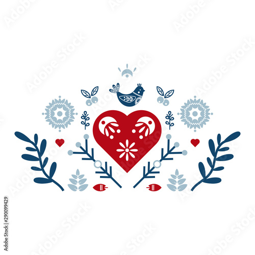 Folk art vector ornament with bird, hearts, and flowers. Scandinavian design.