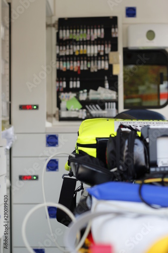 inside an ambulance car full of equipment
