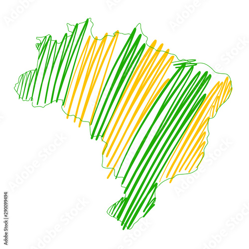 Colorful sketch of Brazil Map on a white background. Drawing with green and yellow brush strokes.