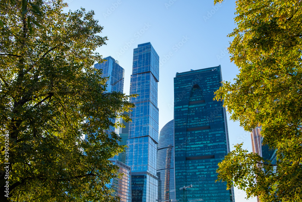 Magnificent landscape with a view of skyscrapers in Moscow and trees