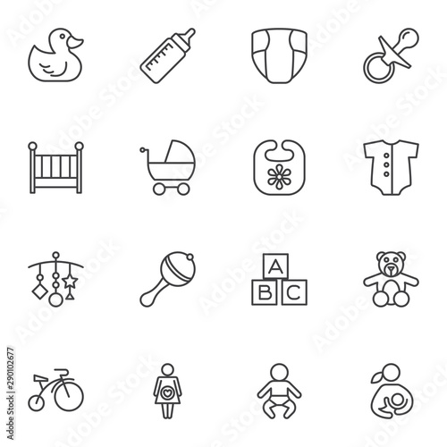 Baby line icons set. linear style symbols collection, outline signs pack. vector graphics. Set includes icons as rubber duck, pram, maternity, newborn baby, diaper, rattle, pacifier, milk bottle, crib