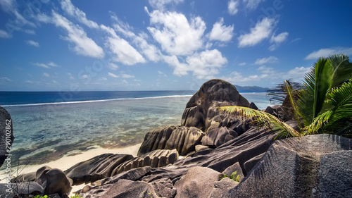 The famous beautifully shaped granite boulders at the coast La Digue island, Seychelles
