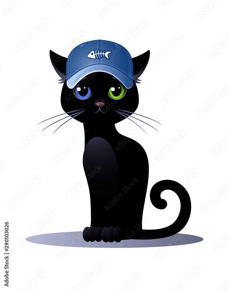 Black cat Boy with eyes of different colors and baseball cap on a white  background. Cute cartoon character. Vector illustration. Stock Vector