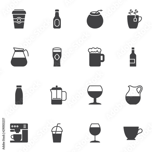 Bar drinks vector icons set  modern solid symbol collection  filled style pictogram pack. Signs  logo illustration. Set includes icons as coffee  beer bottle  juice glass  alcohol drink  milkshake