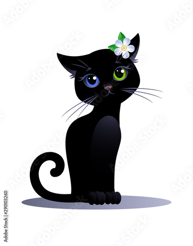 Black cat Girl with eyes of different colors and flower on a white background. Cute cartoon character. Vector illustration.