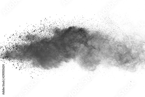 Black powder explosion on white background. Colored cloud. Colorful dust explode. Paint Holi.