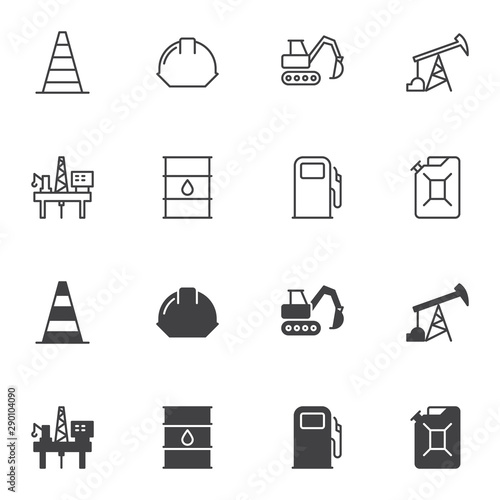 Oil industry icon set, line and glyph version, outline and filled vector sign. linear and full pictogram. Symbol, logo illustration. Set includes icons as oil platform, fuel pump, jerrycan, barrel