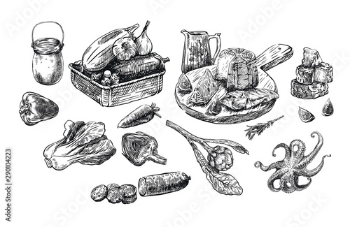 natural products. set of vector sketches on a white