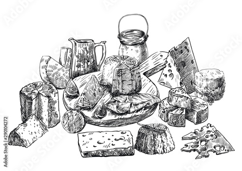natural dairy and meat products. set of vector sketches on a white
