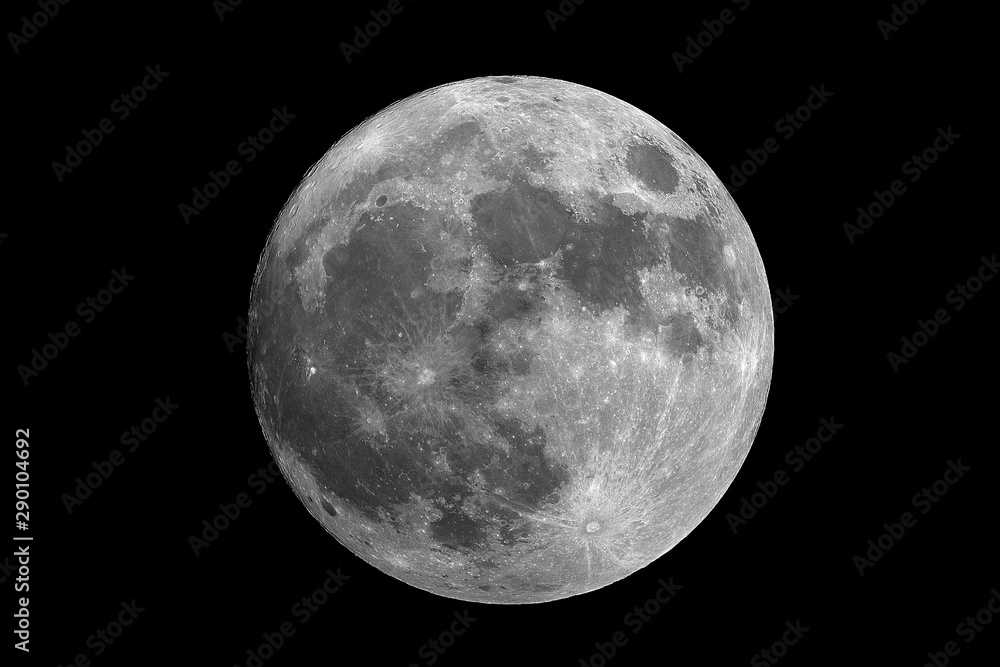 Big closeup to the full phase Moon, isolated in the black space, with no star and some creaters in detail. Big closeup to the full phase Moon, isolated in the black space, with no star and some creaters in detail.