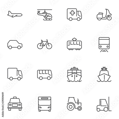 Public transport line icons set. linear style symbols collection, outline signs pack. vector graphics. Set includes icons as plane, helicopter, ambulance truck, tram, railway train, ship, taxi, car