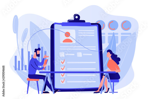 Employer meeting job applicant at pre-employment assessment. Employee evaluation, assessment form and report, performance review concept. Living coral blue vector isolated illustration