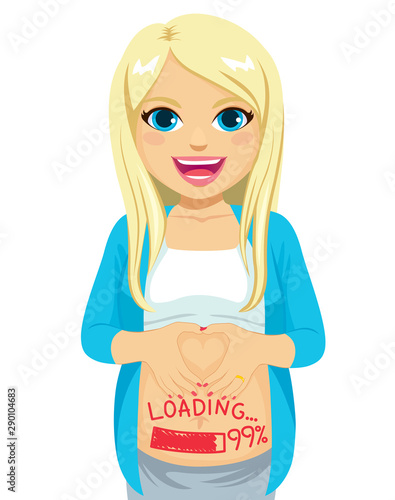 Beautiful smiling blonde pregnant woman with loading baby text painted in red on belly and making heart symbol with hands growing concept