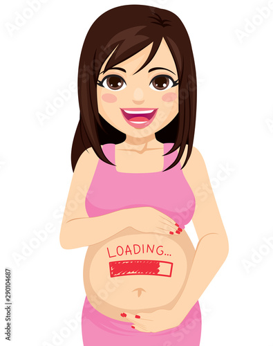 Beautiful brunette happy pregnant woman with loading baby text painted in red on belly holding with both hands growing concept