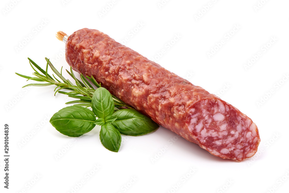 Smoked pork Sausage, Dry-cured meat, isolated on white background Smoked pork Sausage, Dry-cured meat, isolated on white background
