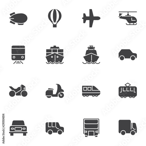 Transport vehicles vector icons set, modern solid symbol collection, filled style pictogram pack. Signs, logo illustration. Set includes icons as hot air balloon, plane, helicopter, scooter, train