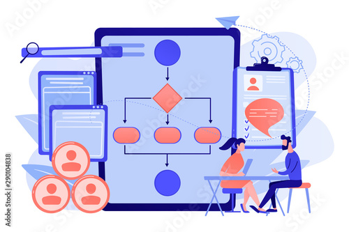 HR manager with employee at interview and business flow chart. Employee assessment software, HR company system, employee check programme concept. Living coral blue vector isolated illustration