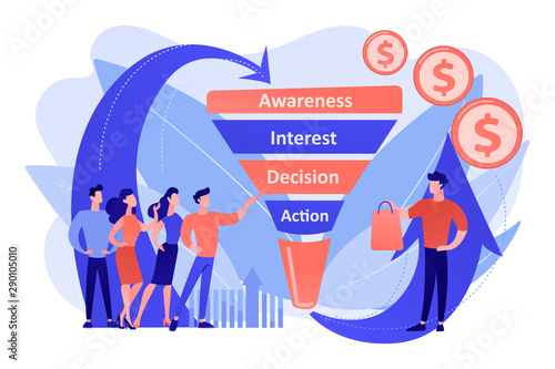 Sales funnel stages, potencial customers, buyer with purchase. Sales funnel management, customer journey representation, sales funnel stages concept. Living coral bluevector isolated illustration