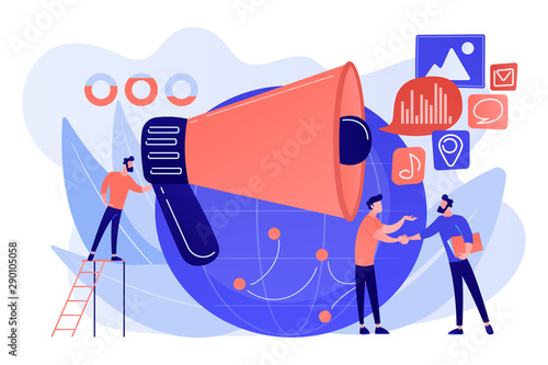 Marketing specialist with loudspeaker influence businessmen and globe. Macromarketing, social influence, global marketing strategy concept. Living coral bluevector isolated illustration