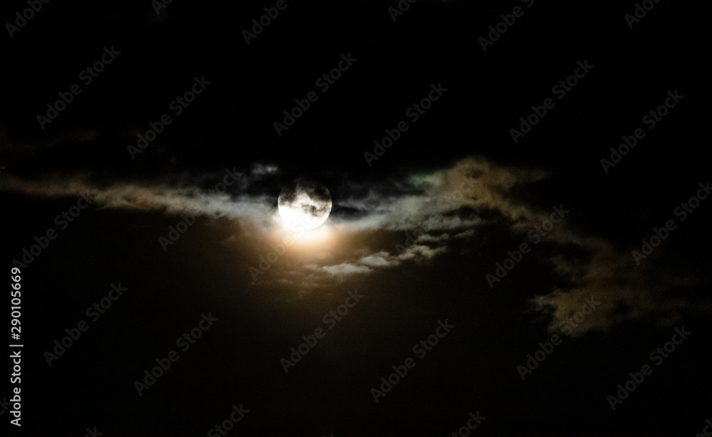 Full moon with clouds, harvest moon, minimoon, September 2019