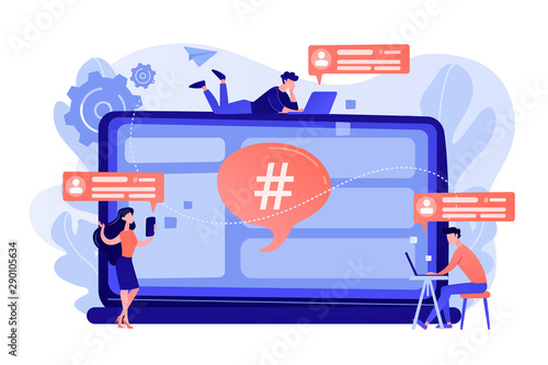 Tiny people customers receive messages from microblogging service. Microblog platform, microblogging market, microblog marketing service concept. Bright vibrant violet vector isolated illustration