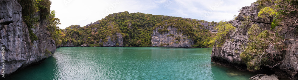 Panorama view of Emerald Lake in Koh Mae Koh Island, Ang Thong Marine Park, Near Koh Samui, Thailand.